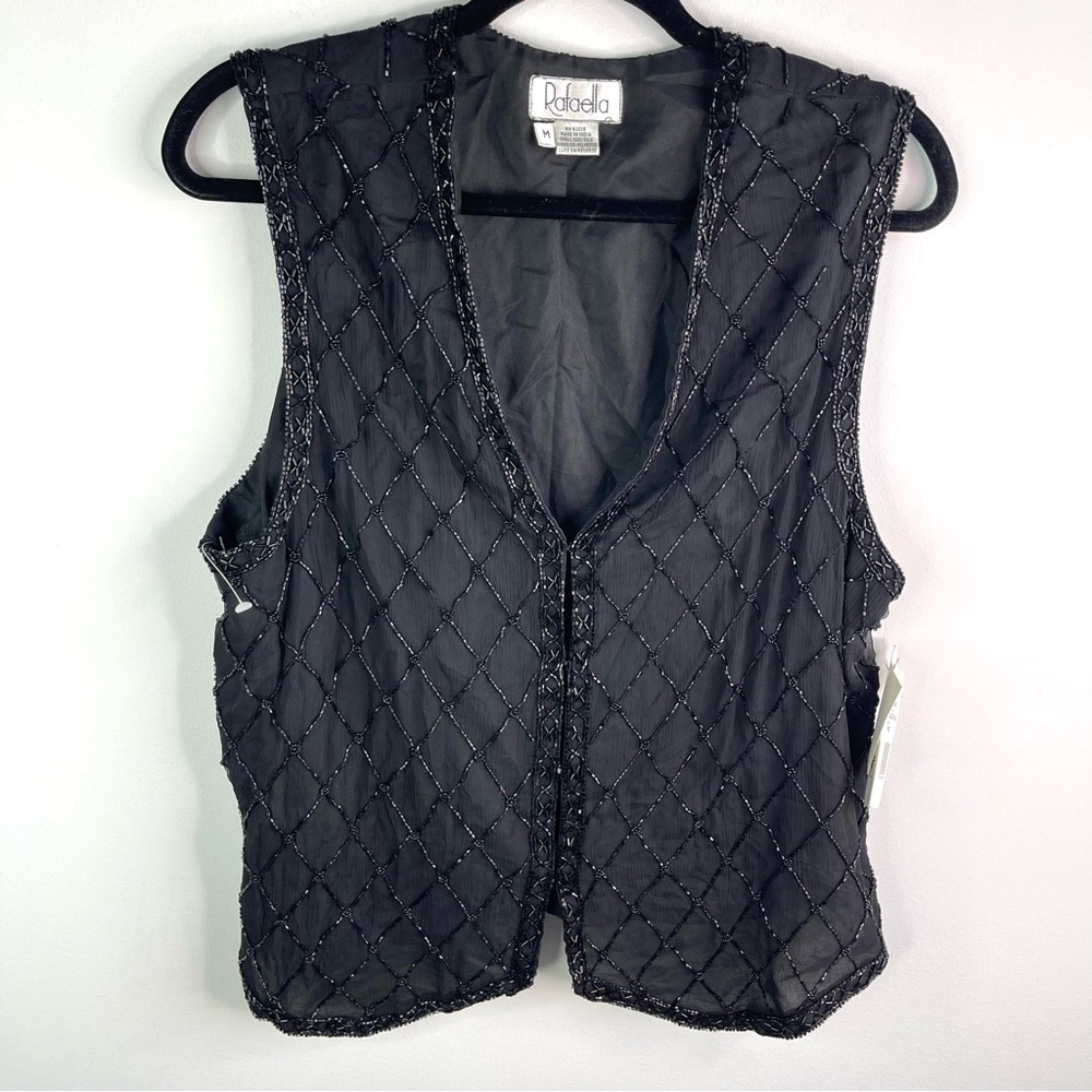 Vintage Rafaella Black Beaded Button  Down Vest  100% Silk Size M